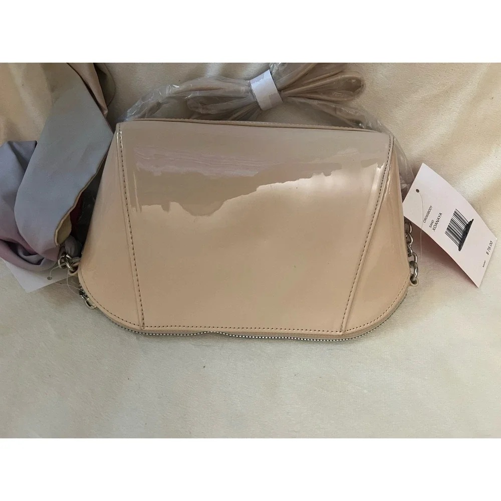 Betsey Johnson Crossbody Purse Anaya Shiny Neutral Faux Leather Chain Strap